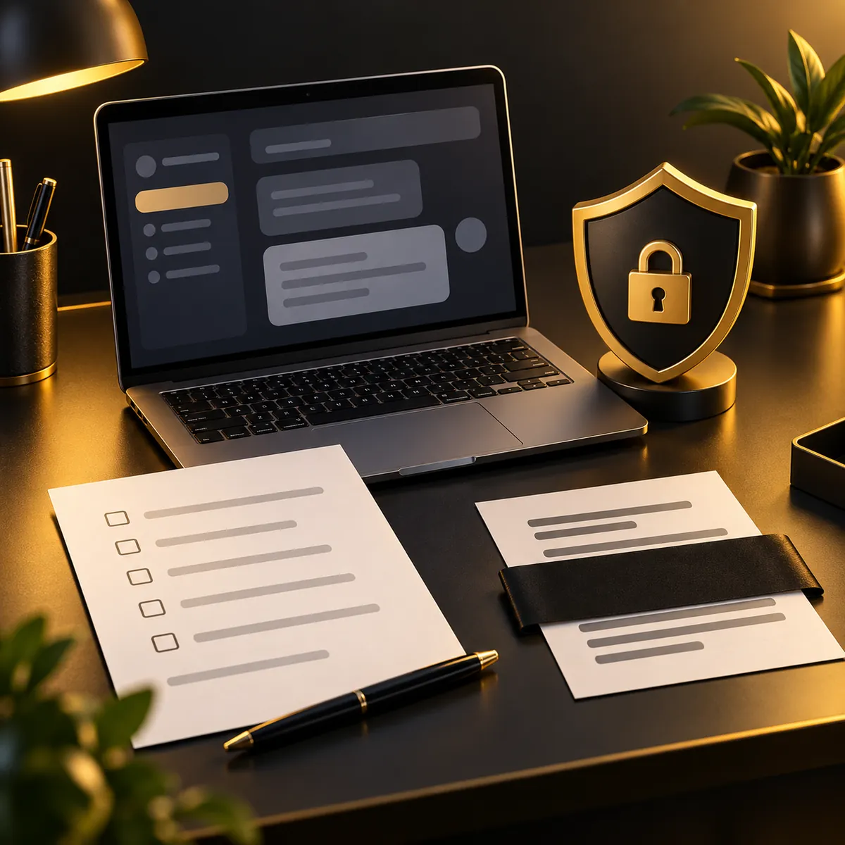 Laptop dengan daftar pemeriksaan dan dokumen yang sebagian ditutup untuk melindungi data